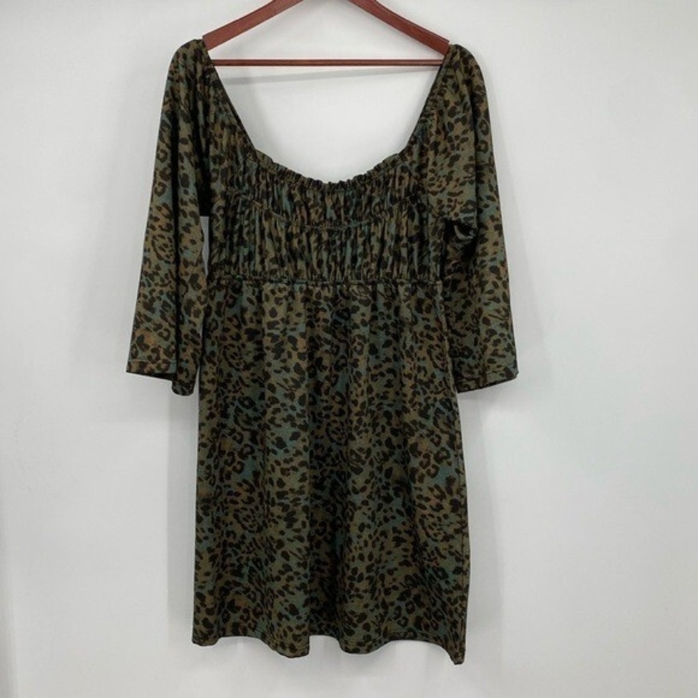 Uncle Frank Mini Dress Women Size Small Brown Green Animal Print Smocked Elastic